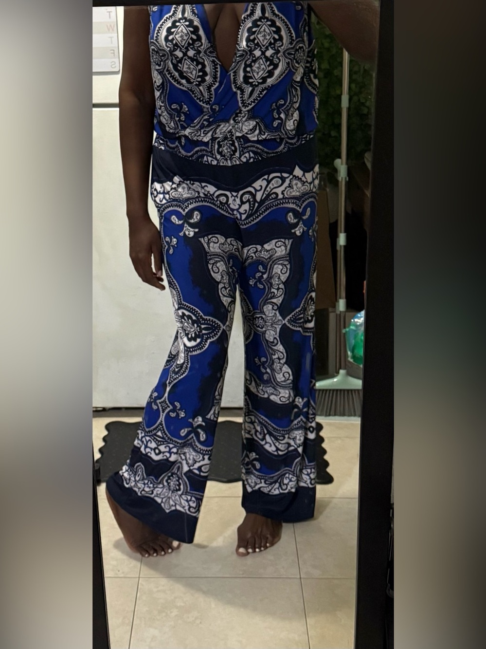 Blue Paisley Wide Leg V-Neck Jumpsuit